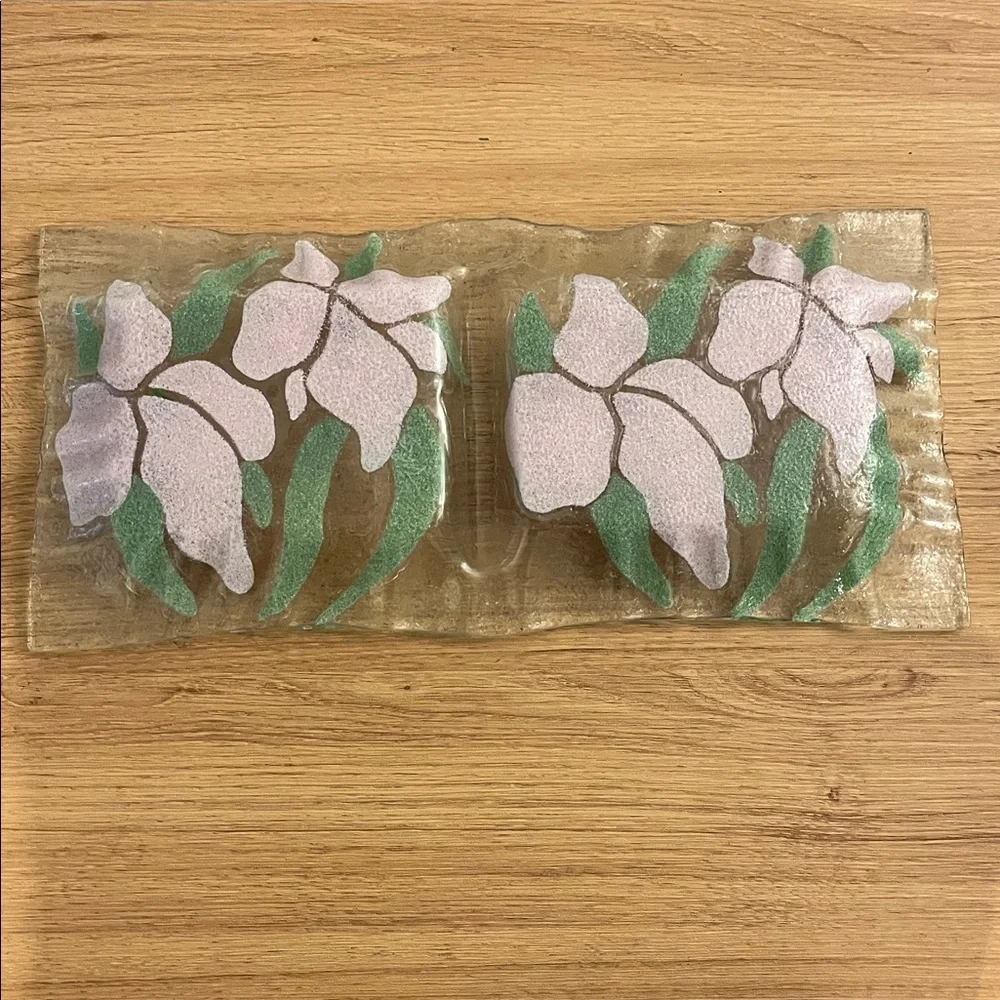 Vintage Fused Pink Green Floral Rectangular Serving Dish, Fused Glass Tray
